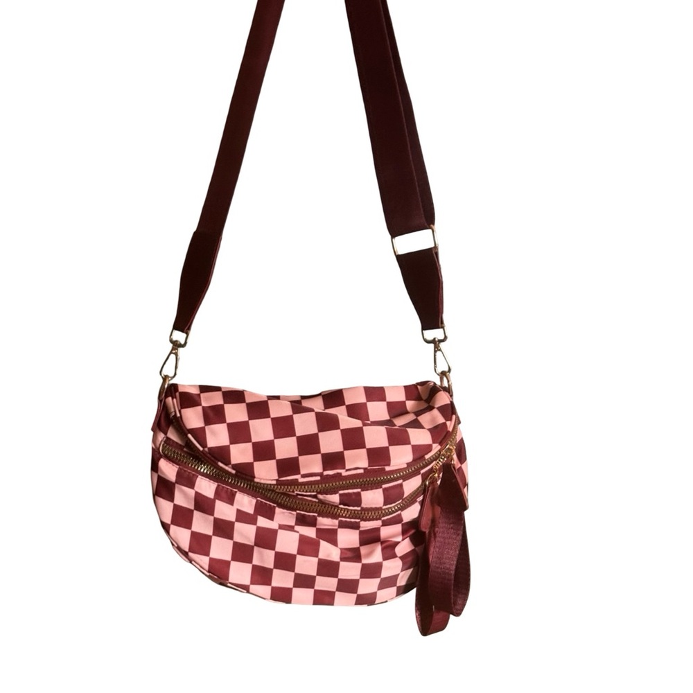 Checkered Crossbody Bum Bag — Maroon & Light Pink - Picture 2 of 8